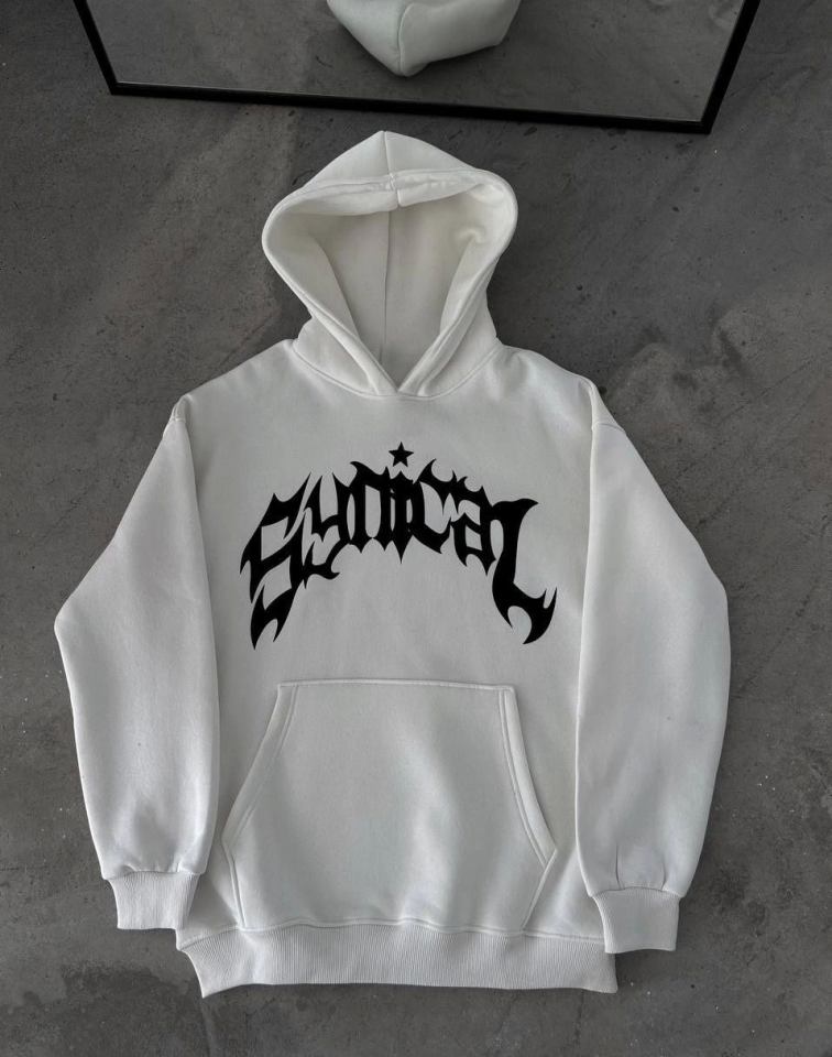 Üç İplik Kapşonlu Baskılı Oversize SweatShirt-  Beyaz (132930)