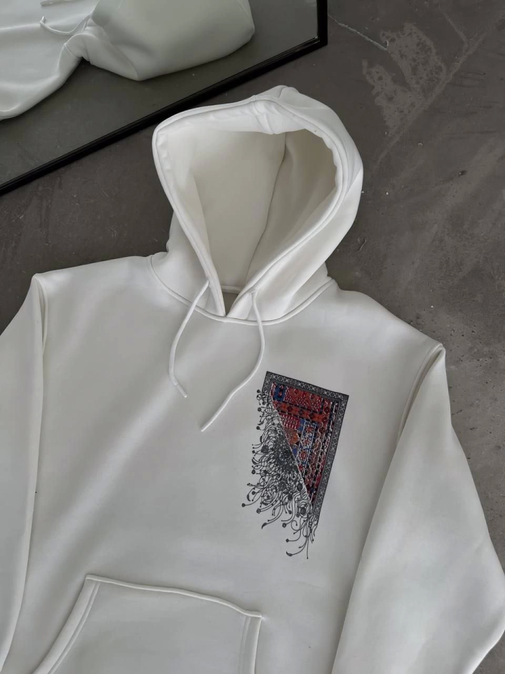 Uzun Kol Kapşonlu Ön Ve Arka Baskılı SweatShirt - Beyaz (132931)