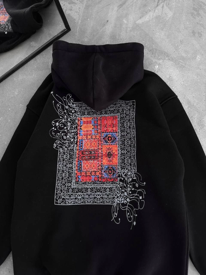 Uzun Kol Kapşonlu Ön Ve Arka Baskılı SweatShirt - Siyah (132932)