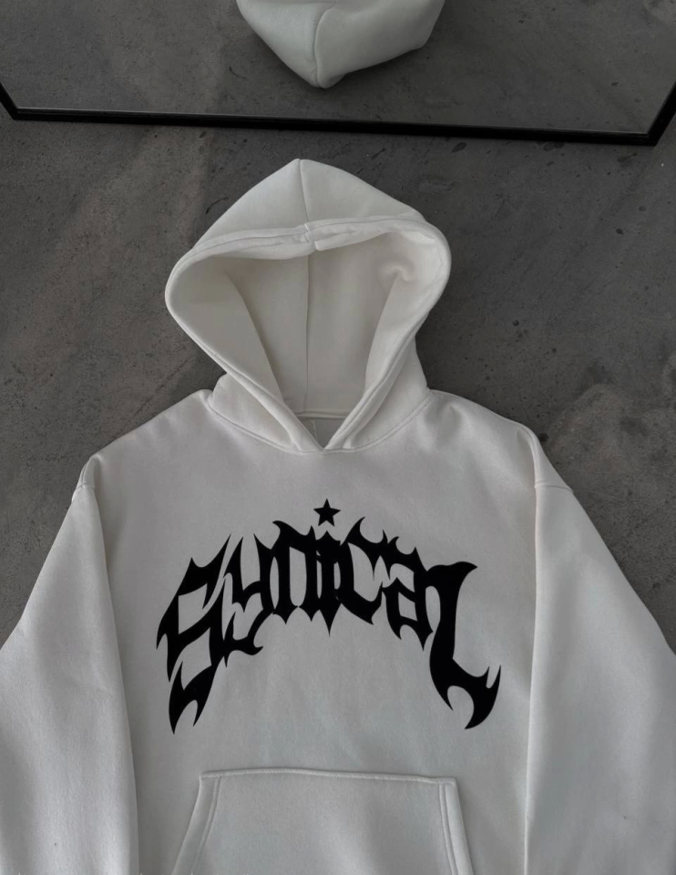 Kışlık Kapşonlu Baskılı Oversize SweatShirt- Beyaz (133014)