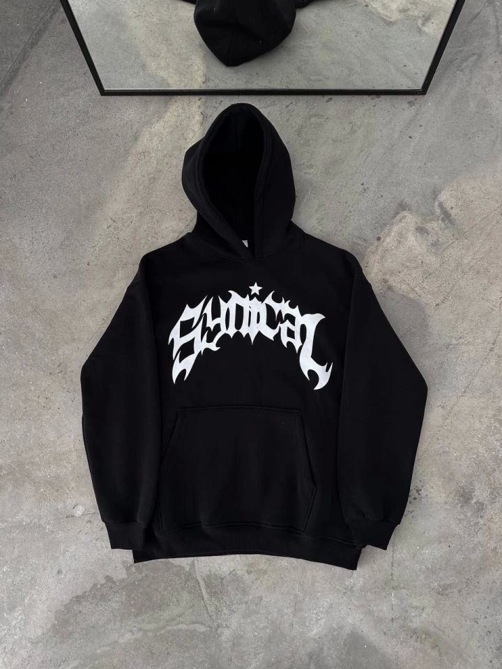 Kışlık Kapşonlu Baskılı Oversize SweatShirt- Siyah (133015)