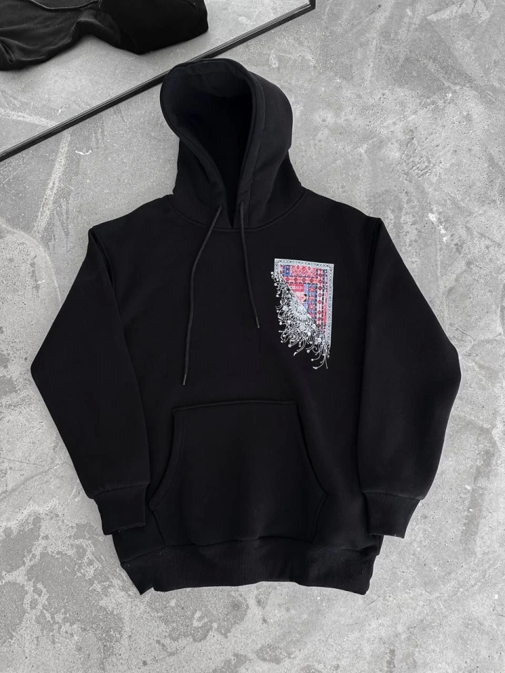 Uzun Kol Kapşonlu Ön Ve Arka Baskılı SweatShirt - Siyah (133016)