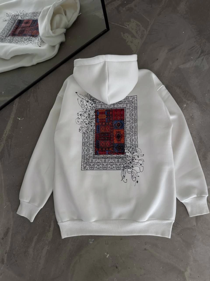Uzun Kol Kapşonlu Ön Ve Arka Baskılı SweatShirt - Beyaz (133017)