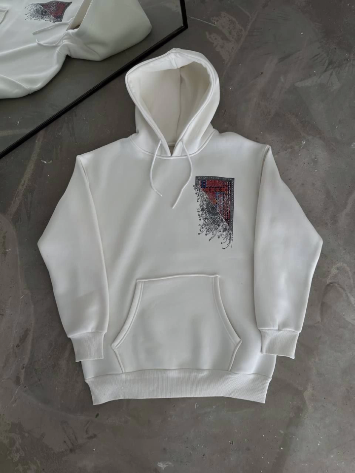 Uzun Kol Kapşonlu Ön Ve Arka Baskılı SweatShirt - Beyaz (133017)