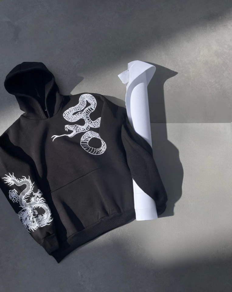 Uzun Kol Kapşonlu Baskılı SweatShirt - Siyah (133158)