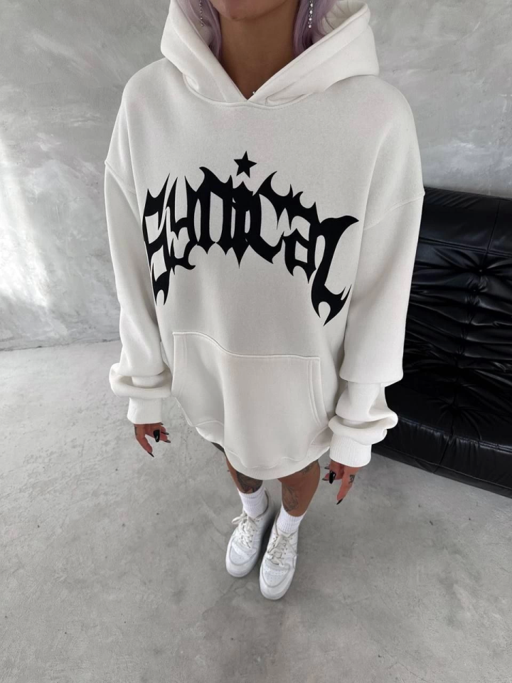 Unisex Üç İplik Kapşonlu Baskılı SweatShirt - Beyaz (133161)