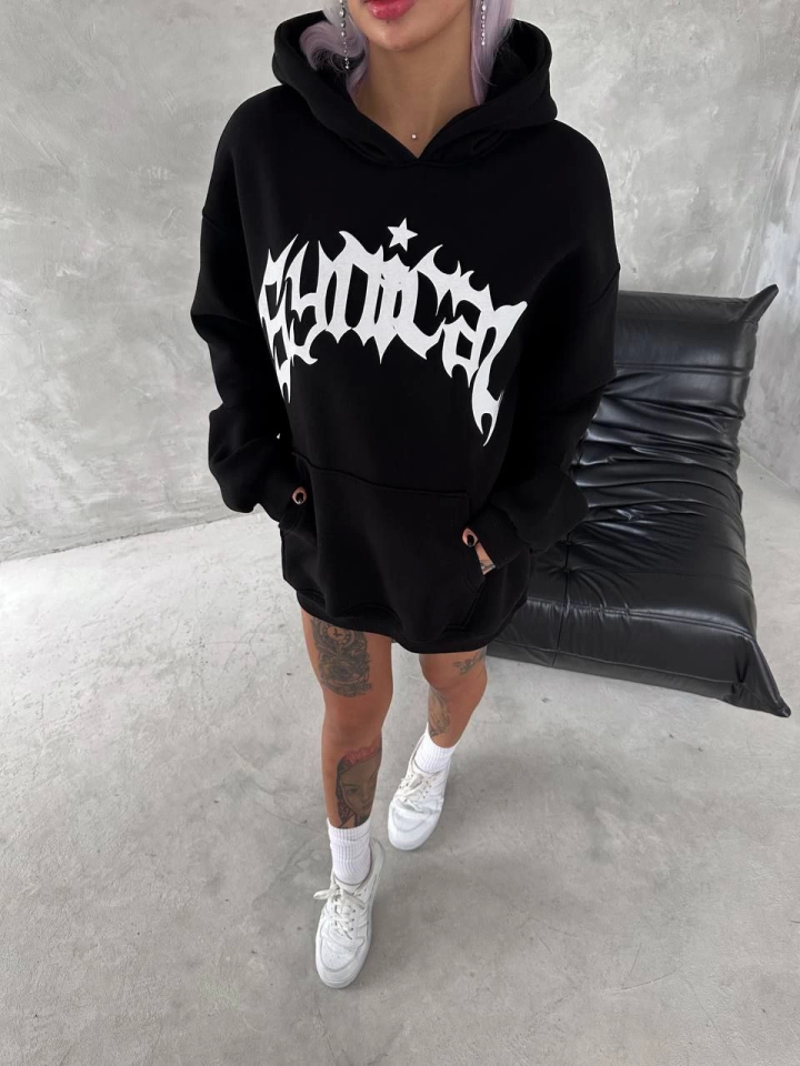 Unisex Üç İplik Kapşonlu Baskılı SweatShirt - Siyah (133162)