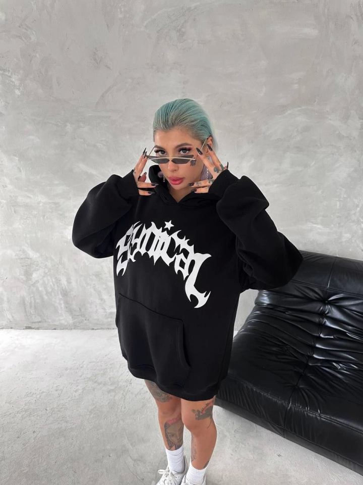 Unisex Üç İplik Kapşonlu Baskılı SweatShirt - Siyah (133162)