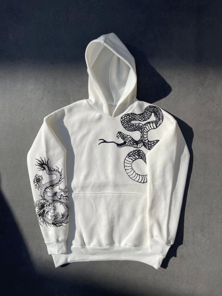 Uzun Kol Kapşonlu Baskılı SweatShirt - Beyaz (133164)