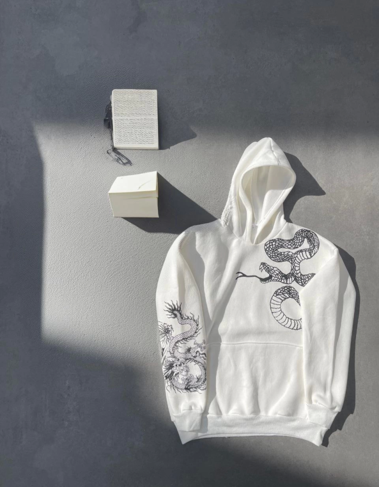 Uzun Kol Kapşonlu Baskılı SweatShirt - Beyaz (133164)
