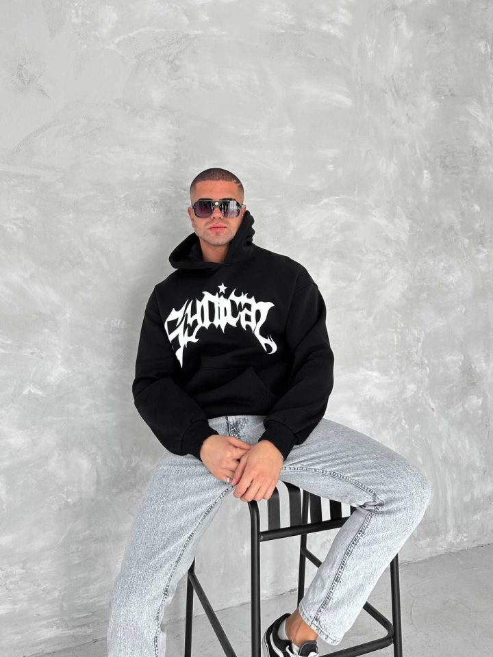 Unisex Üç İplik Kapşonlu Baskılı SweatShirt - Siyah (133167)