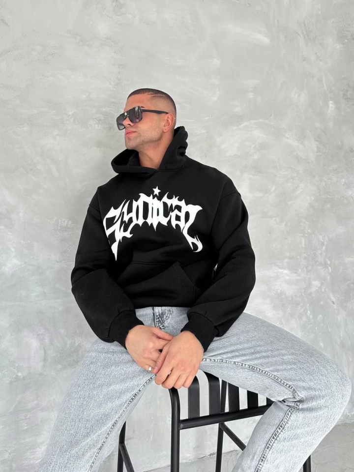 Unisex Üç İplik Kapşonlu Baskılı SweatShirt - Siyah (133167)