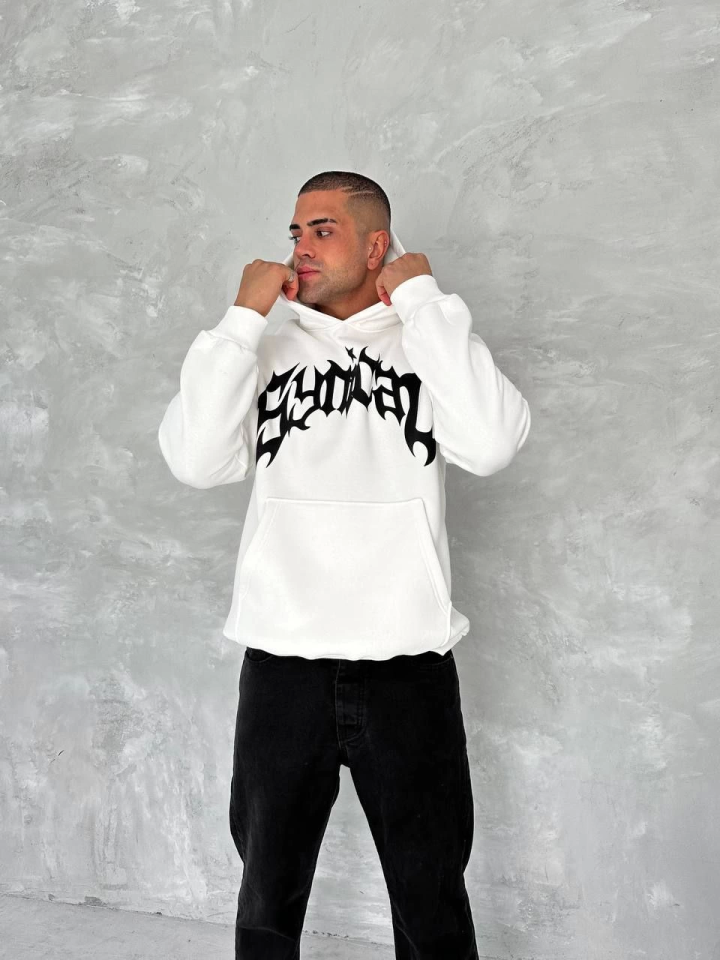 Unisex Üç İplik Kapşonlu Baskılı SweatShirt - Beyaz (133168)