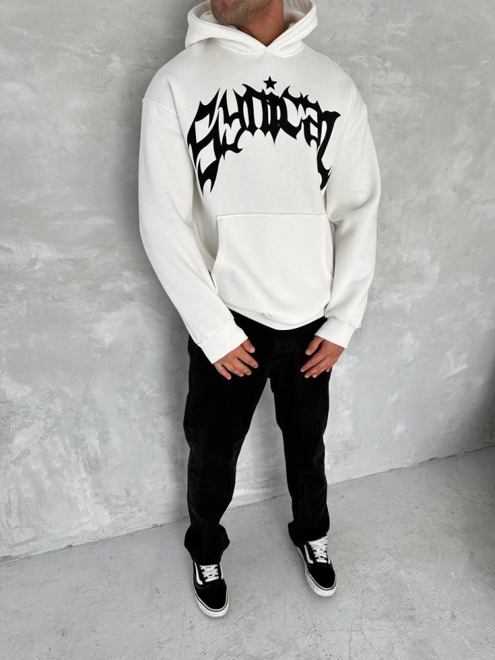 Unisex Üç İplik Kapşonlu Baskılı SweatShirt - Beyaz (133168)