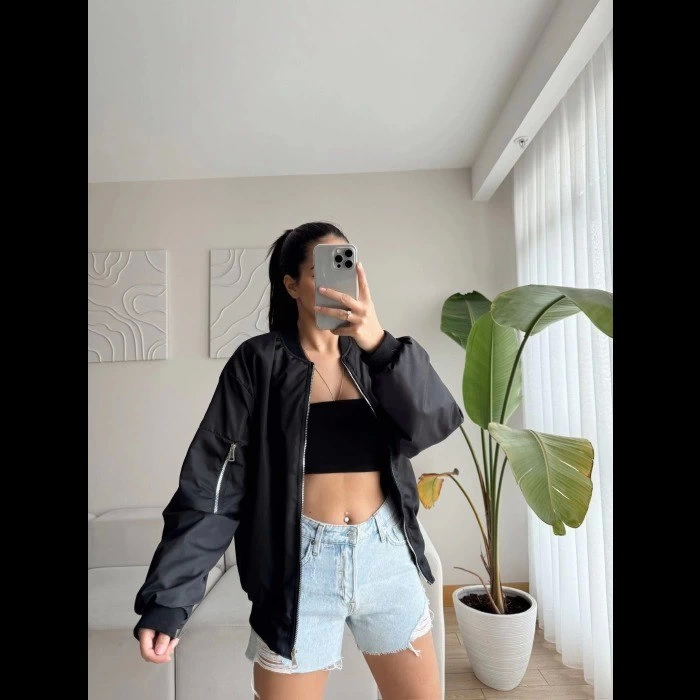 Unisex İçi Astarlı Düz Bomber Ceket - Siyah (133726)