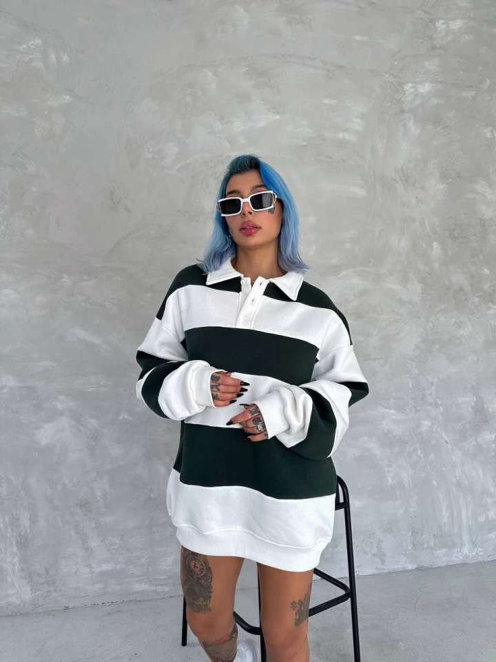 Unisex Üç İplik Parçalı Yakalı SweatShirt - Yeşil (133930)