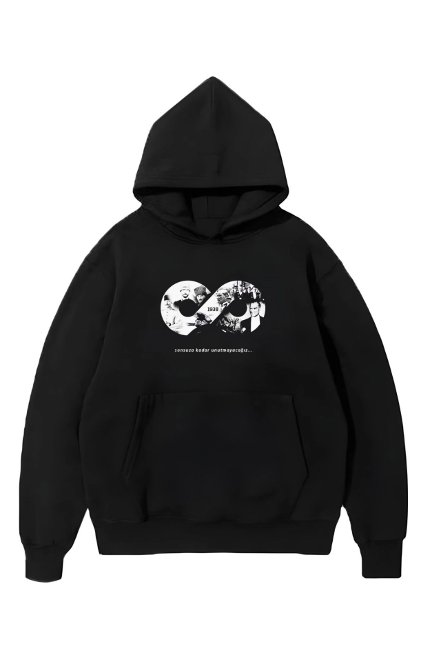 10 Kasıma Özel Üç İplik Kapşonlu Baskılı SweatShirt - Siyah (134676)