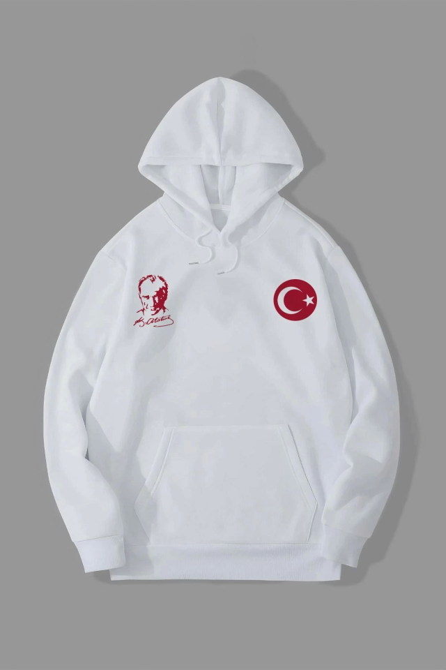 10 Kasıma Özel Üç İplik Kapşonlu Baskılı SweatShirt - Beyaz (134814)