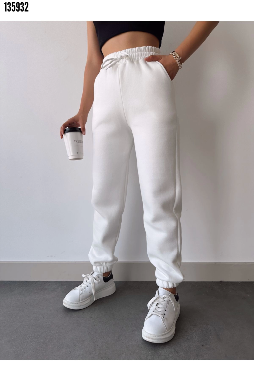 Üç İplik Basic Lastikli Eşofman Pantolon Beyaz