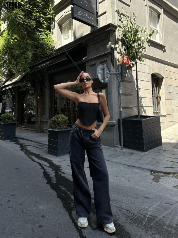 Arkadan Yırtmaçlı Jeans Kot Palazzo Pantolon Siyah