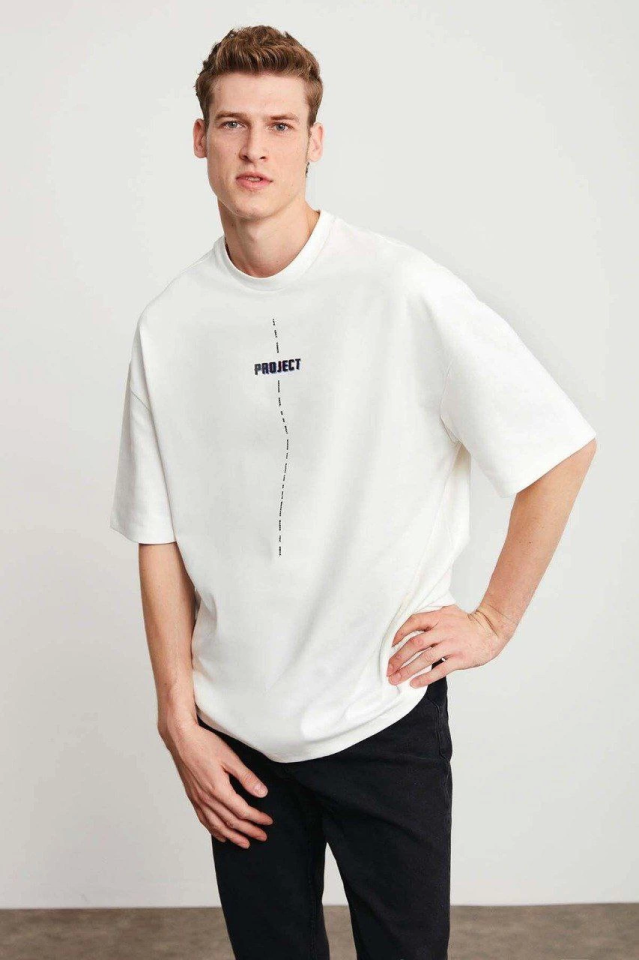 Unisex Baskılı Oversize T-Shirt - Beyaz (149004)