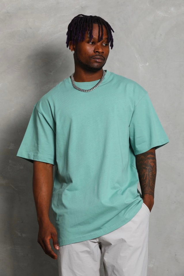 Unisex Oversize Düz Bisiklet Yaka T-Shirt - Mint Yeşili (150360)
