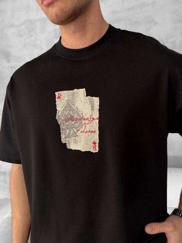 Ön Ve Arka Baskılı Oversize Bisiklet Yaka T-shirt - Siyah (152673)