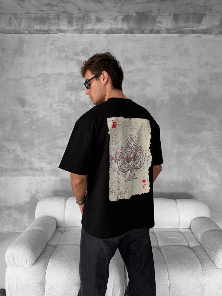 Ön Ve Arka Baskılı Oversize Bisiklet Yaka T-shirt - Siyah (152673)