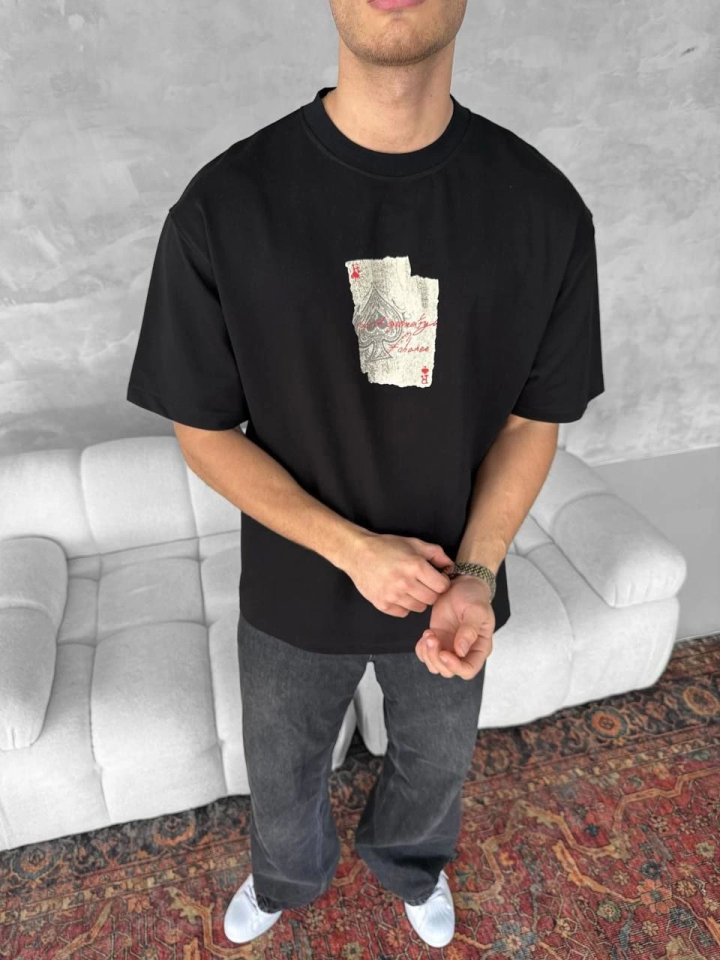 Ön Ve Arka Baskılı Oversize Bisiklet Yaka T-shirt - Siyah (152673)