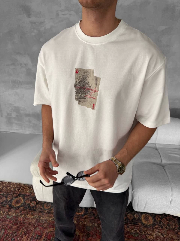 Erkek Ön Ve Arka Baskılı Oversize Bisiklet Yaka T-shirt - Beyaz (152674)