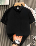 Yakası Düğmeli Yakalı Pike Düz T-Shirt - Siyah (153144)
