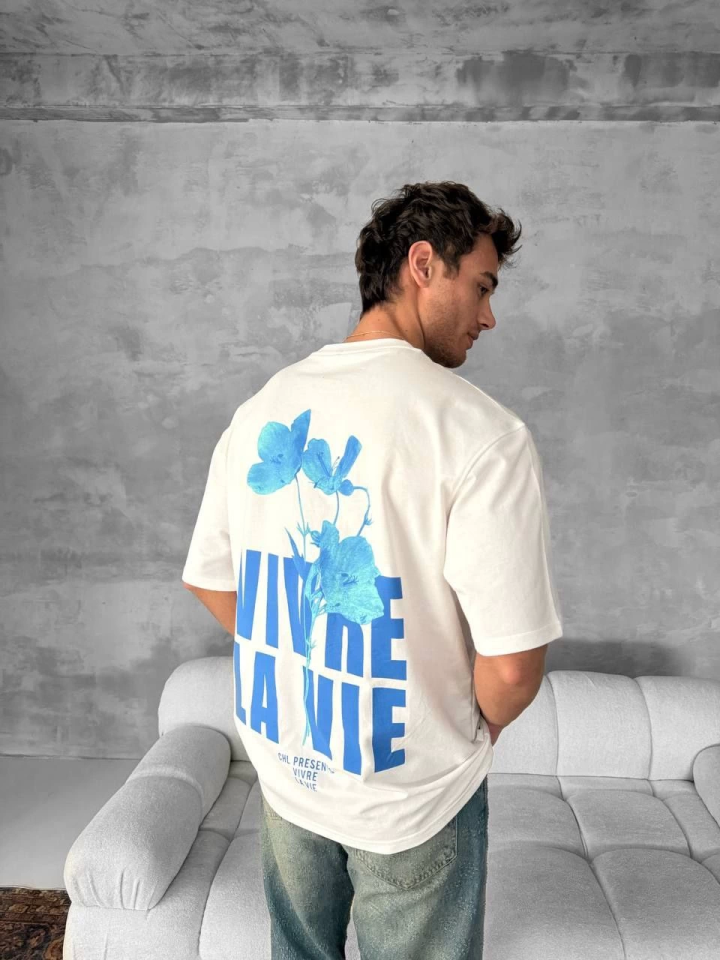 Ön Ve Arka Baskılı Oversize Bisiklet Yaka T-shirt- Beyaz (153732)