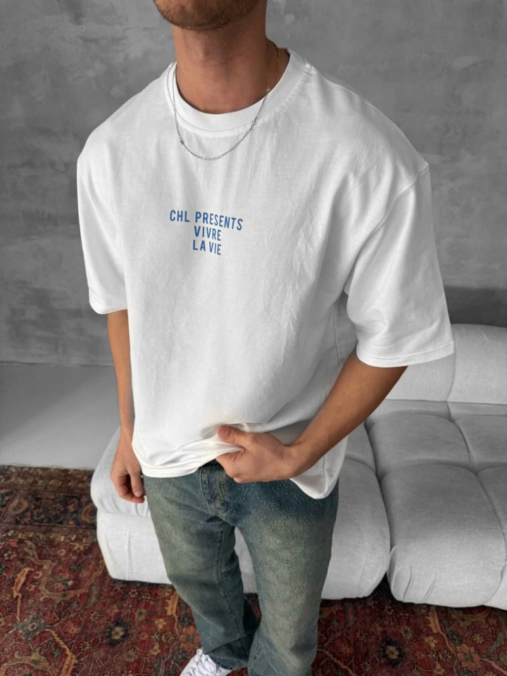 Ön Ve Arka Baskılı Oversize Bisiklet Yaka T-shirt- Beyaz (153732)