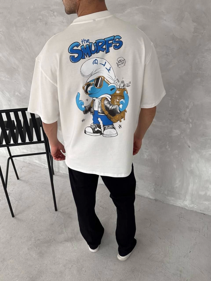 Ön Ve Arka Baskılı Oversize Bisiklet Yaka T-shirt- Beyaz (153735)