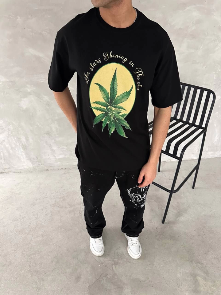 Ön Ve Arka Baskılı Oversize Bisiklet Yaka T-shirt- Siyah (153737)