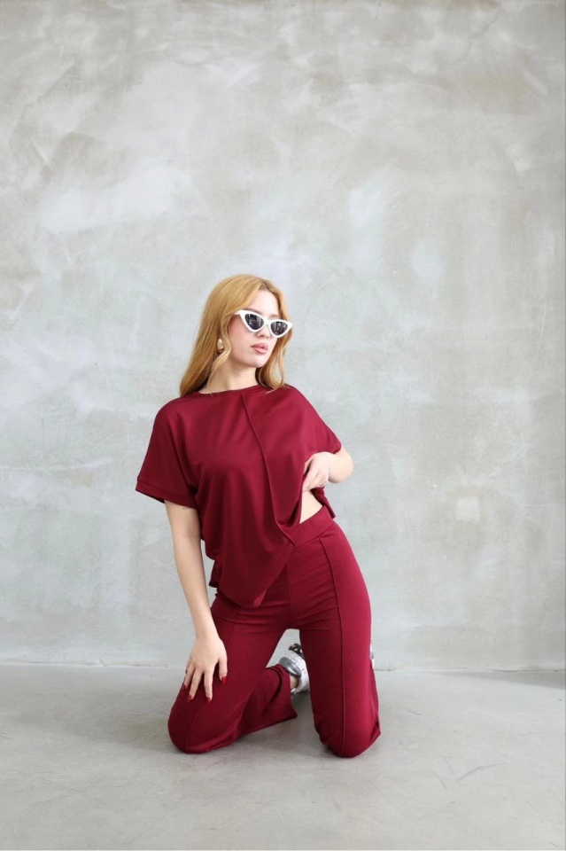 Osy Modal Yumuşak Dokulu Kumaş Bisiklet Yaka Kısa Kollu Takım - Bordo (153870)