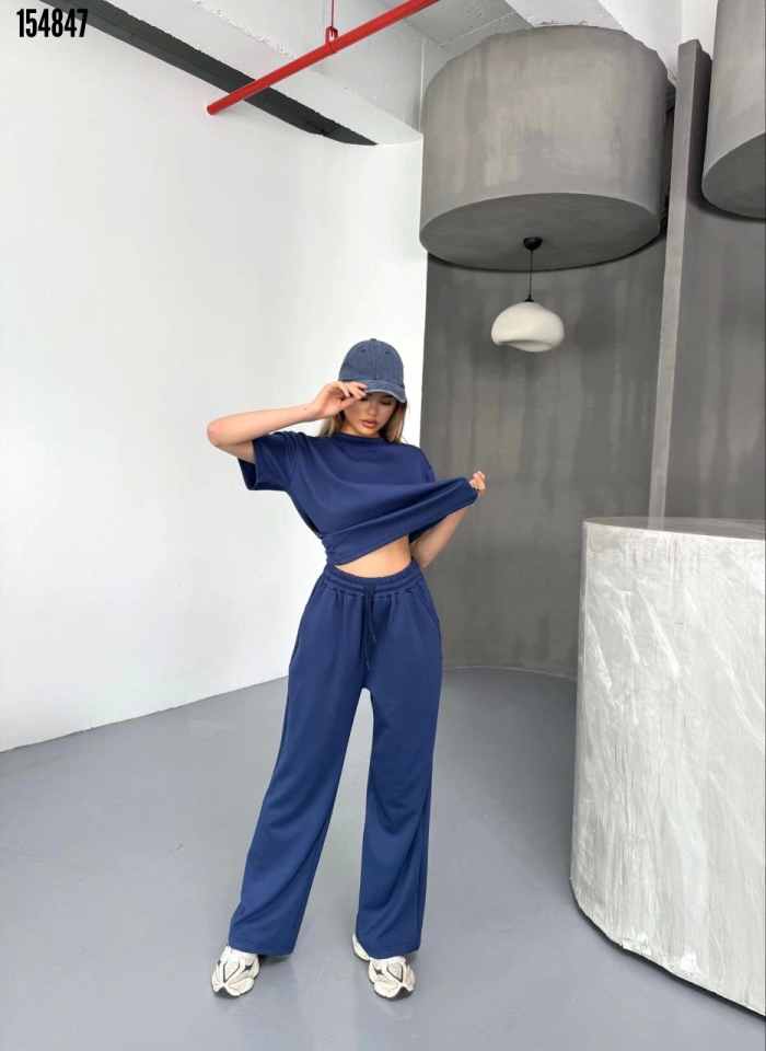 Osy Modal Yumuşak Dokulu Kumaş Kısa Kollu Bluz Rahat Pantalon ikili Takım Lacivert