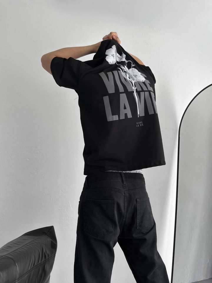 Baskılı Oversize Bisiklet Yaka T-shirt - Siyah (157059)
