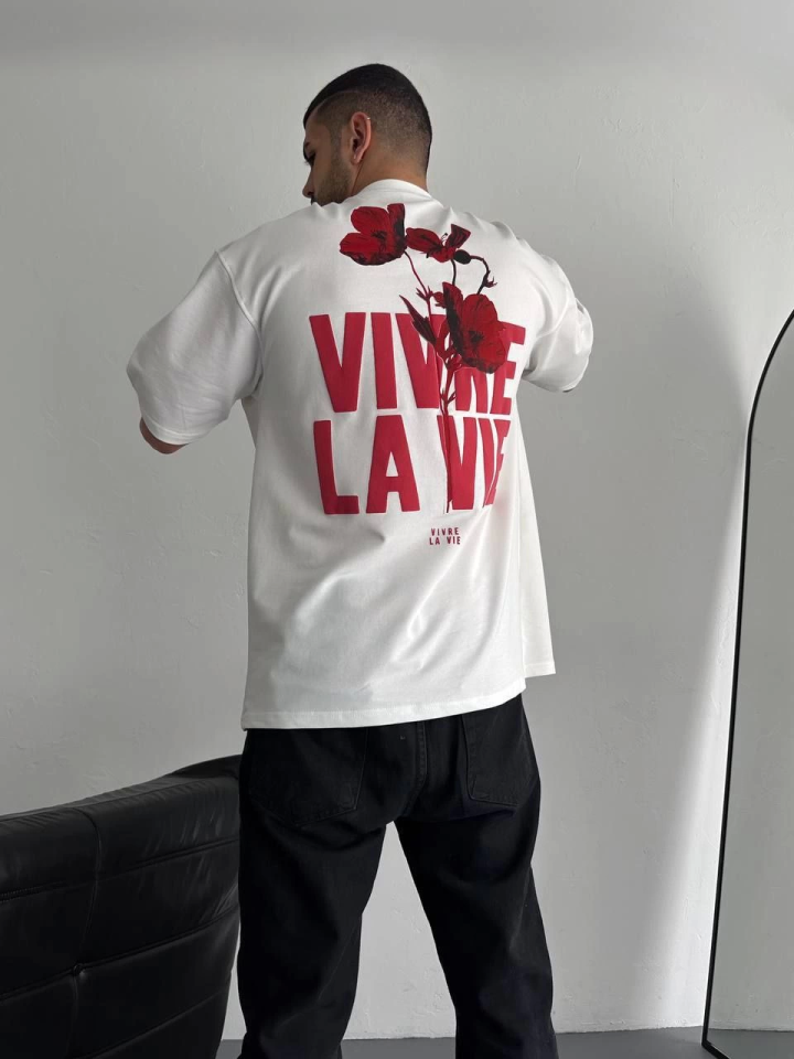 Baskılı Oversize Bisiklet Yaka T-shirt - Beyaz (157060)
