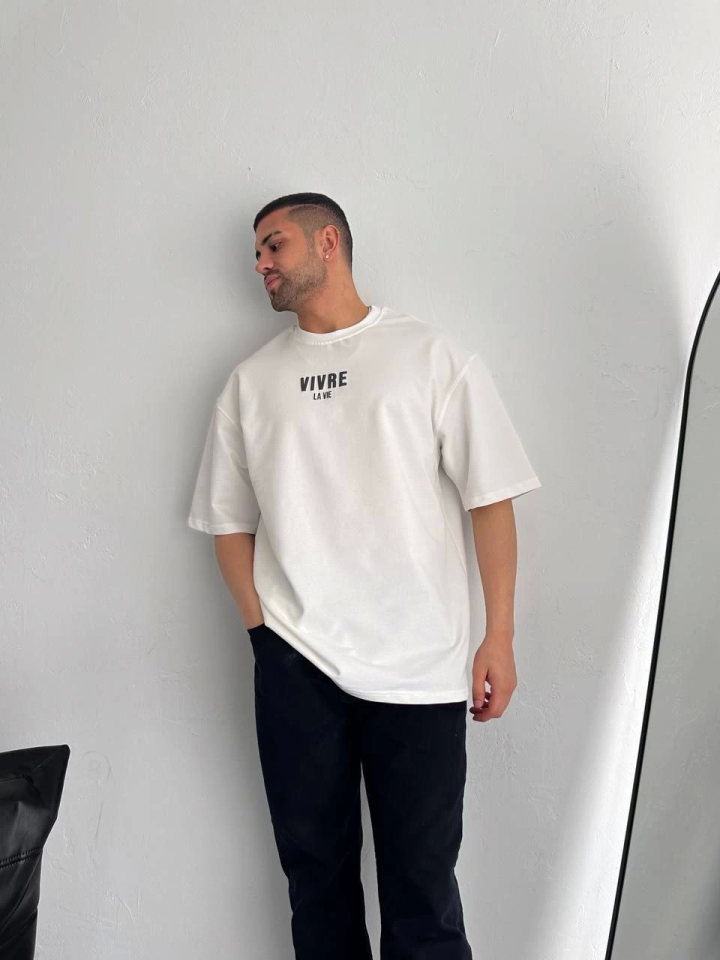 Baskılı Oversize Bisiklet Yaka T-shirt - Beyaz (157060)