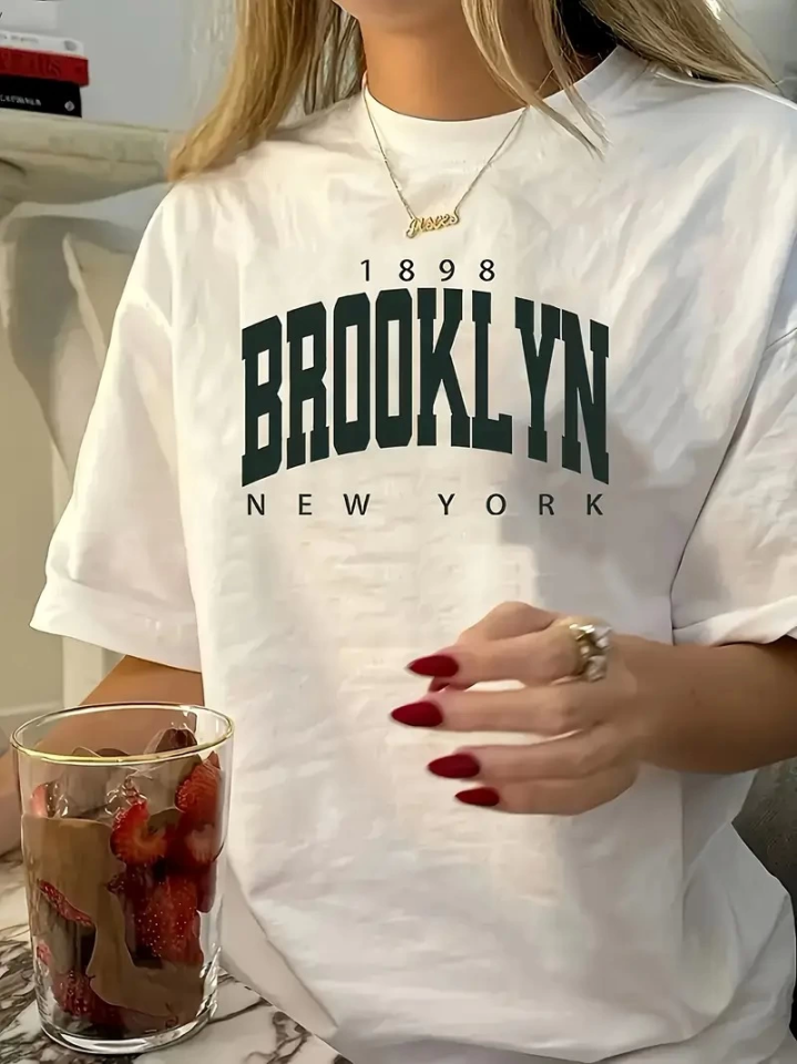 Baskılı Oversize Bisiklet Yaka T-shirt - Beyaz (158818)