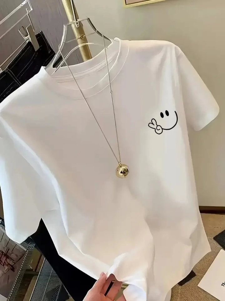 Baskılı Oversize Bisiklet Yaka T-shirt - Beyaz (158821)