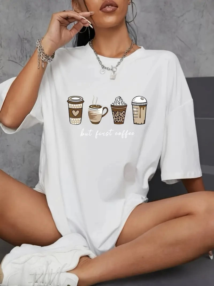 Baskılı Oversize Bisiklet Yaka T-shirt - Beyaz (158829)