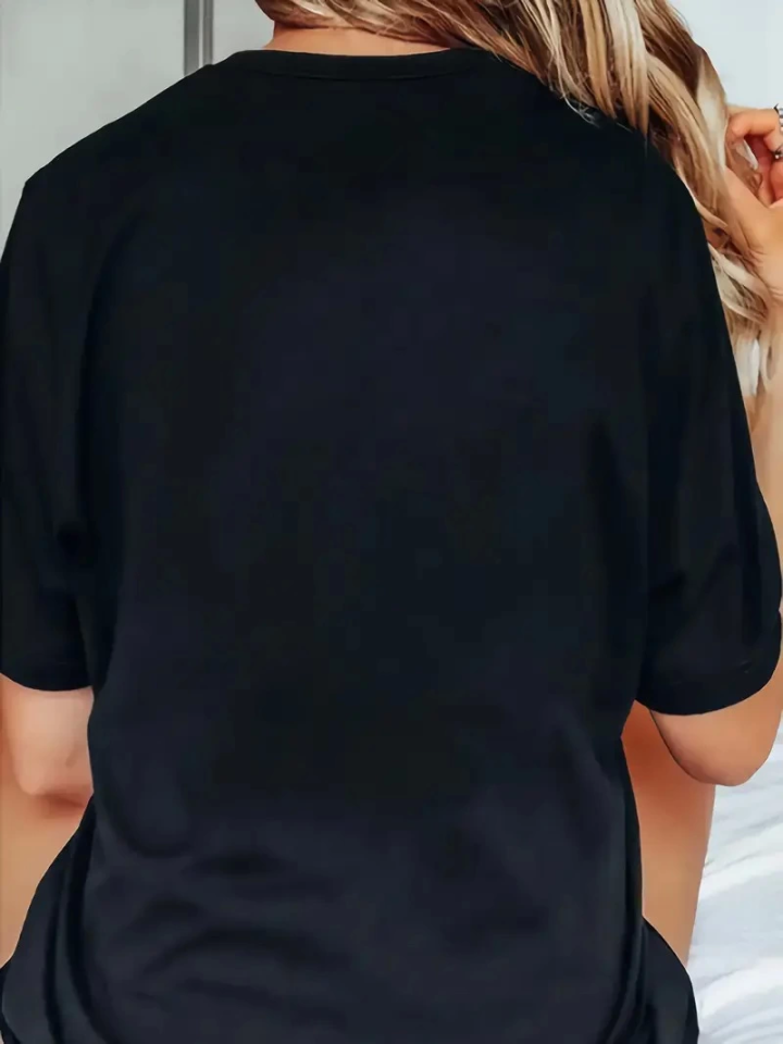 Baskılı Oversize Bisiklet Yaka T-shirt - Siyah (158842)