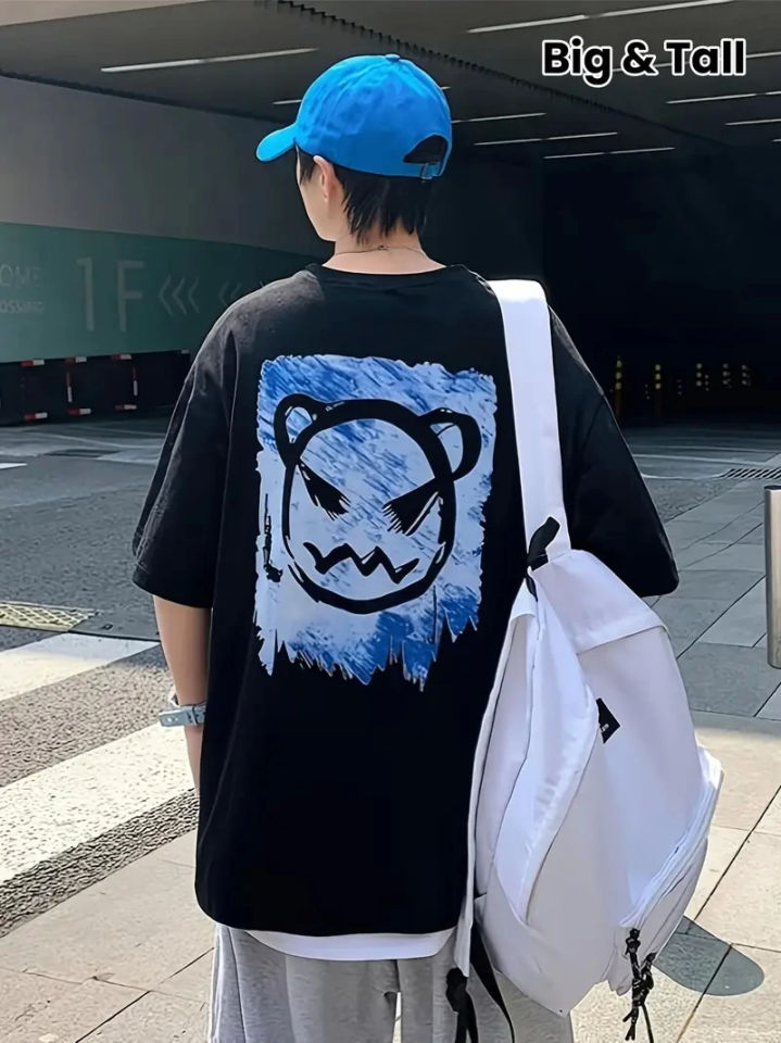 Baskılı Oversize Bisiklet Yaka T-shirt - Siyah (158901)