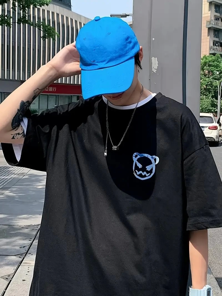 Baskılı Oversize Bisiklet Yaka T-shirt - Siyah (158901)