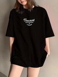 Thousand Baskılı Oversize Bisiklet Yaka T-shirt - Siyah (158926)