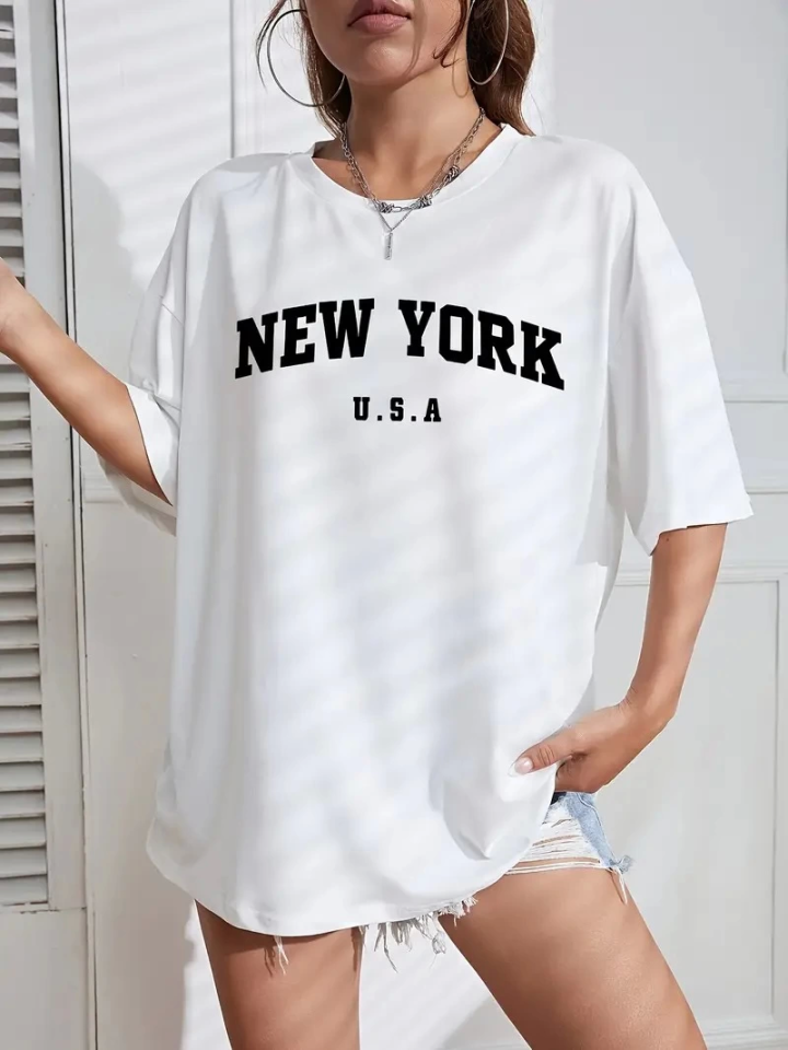 New York Baskılı Oversize Bisiklet Yaka T-shirt - Beyaz (158929)