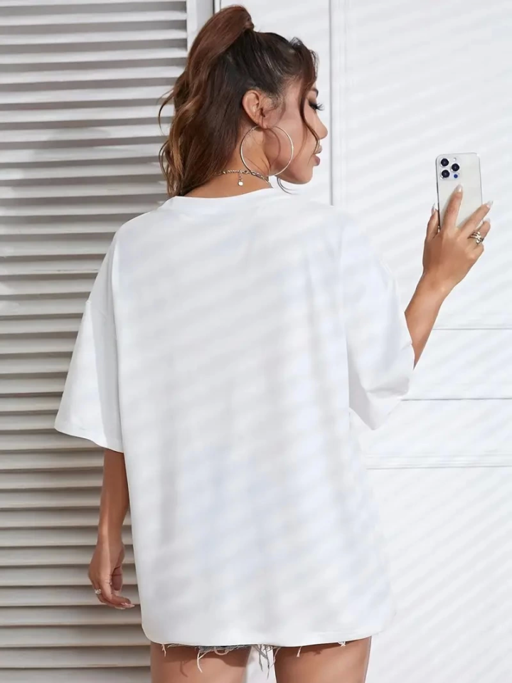 New York Baskılı Oversize Bisiklet Yaka T-shirt - Beyaz (158929)