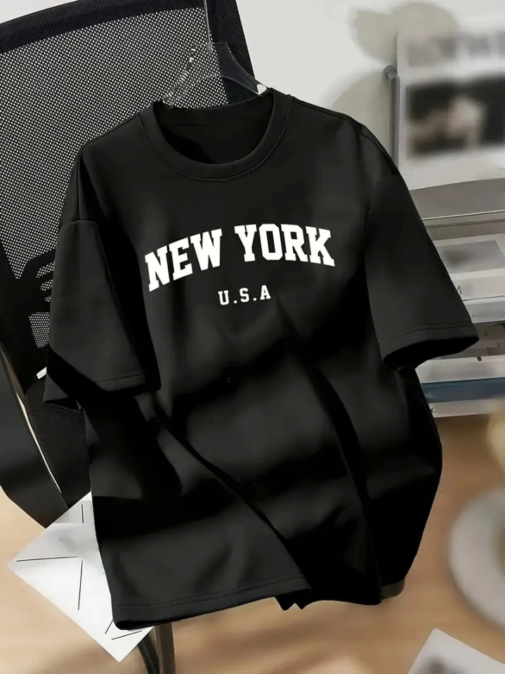 New York Baskılı Oversize Bisiklet Yaka T-shirt - Siyah (158930)